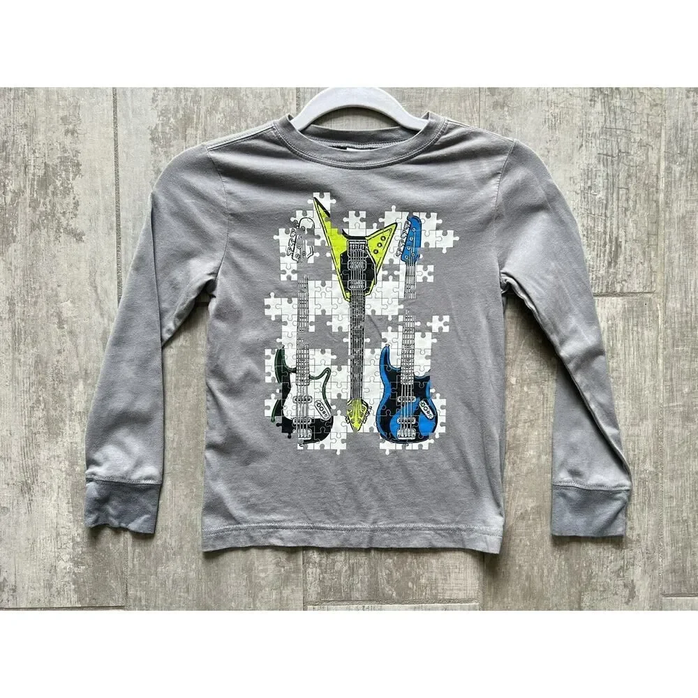 GYMBOREE Boy Kids Long Sleeve Cotton Puzzle Guitar Casual Everyday T-Shirt S 5-6
